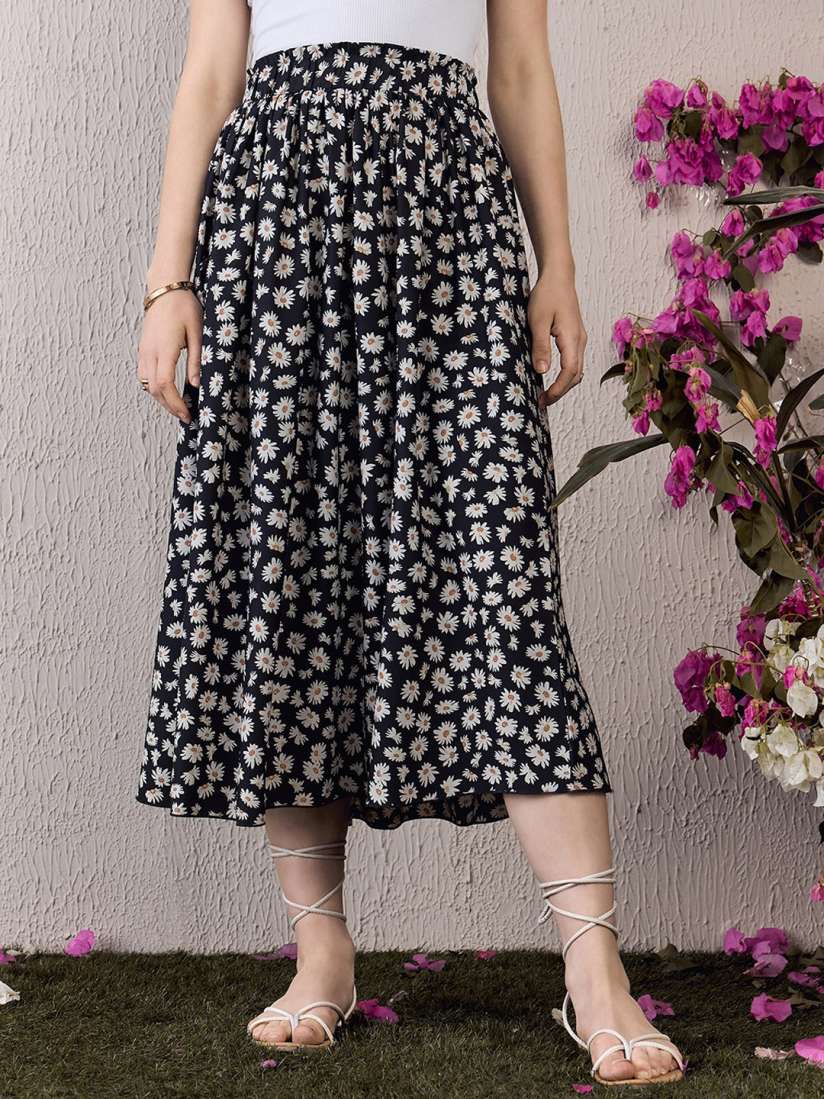 Flared floral midi skirt deals