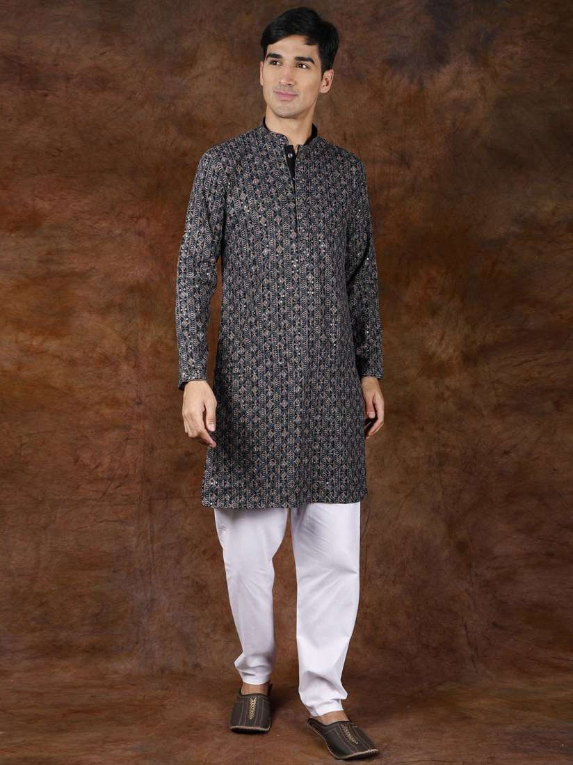 Buy Exotic India Black With Green Intricate Heavy Embroidered Wedding Kurta Pajama and Sequins Kurta Sets for Men 29362092 Myntra
