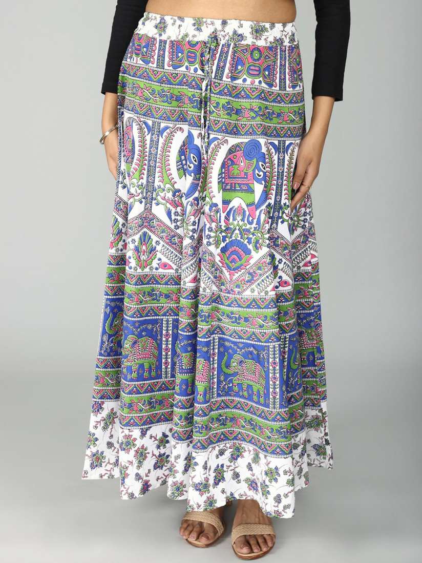 Buy Exotic India Lucent White Sanganeri Wrap Around Long Skirt with Flowers Elephant Print Skirts for Women 29362756 Myntra