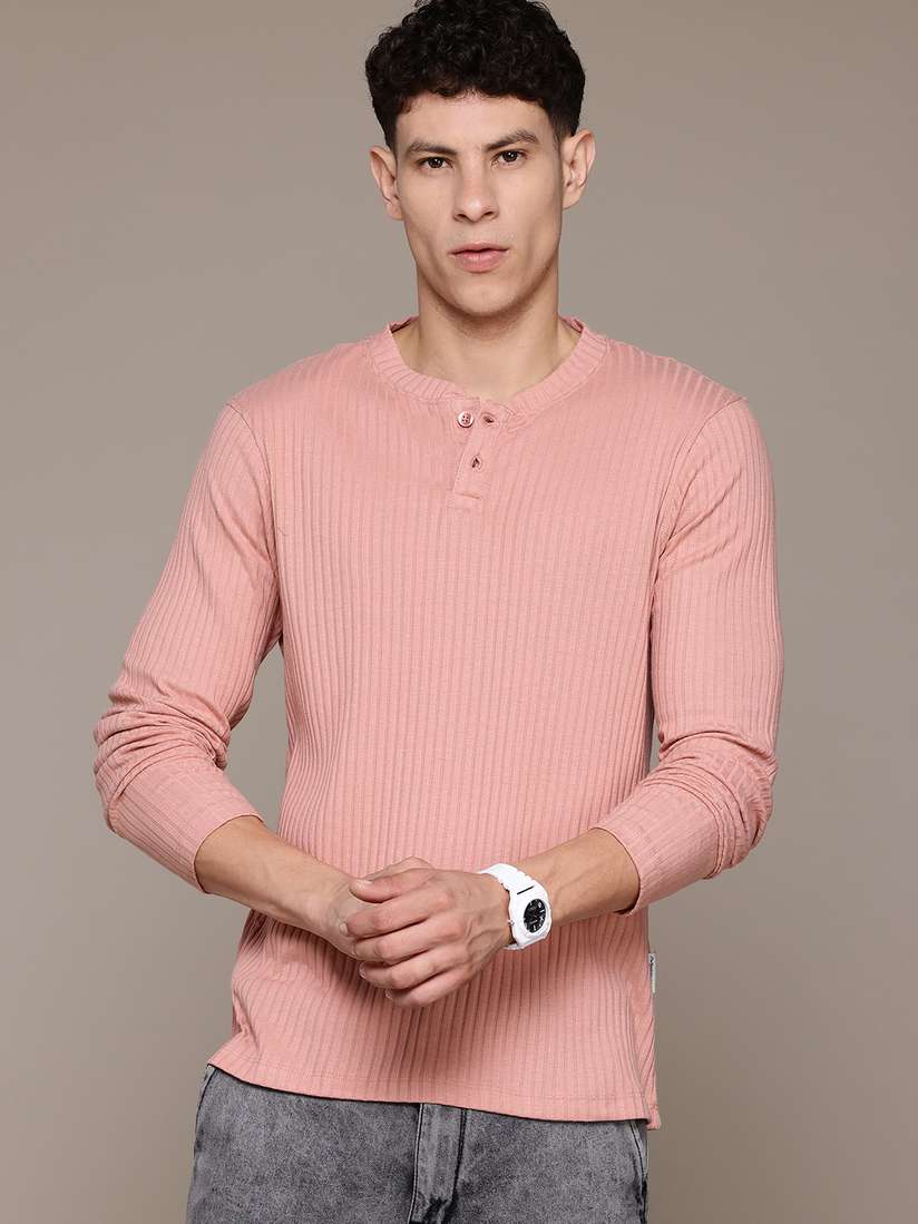 The Roadster Lifestyle Ribbed Henley Neck Drop-Shoulder Sleeves T-shirt