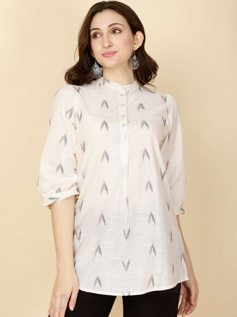 Buy Meena Bazaar Geometric Printed Mandarin Collar Three Quarter Sleeves Short Kurti Kurtis for Women 29374546 Myntra