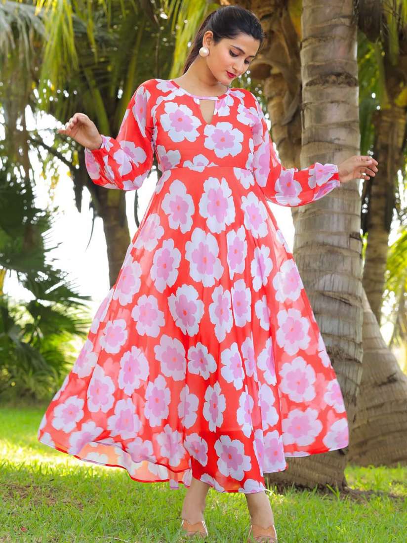 Buy Masakali.Co Floral Print Keyhole Neck Puff Sleeves Georgette Empire Maxi Dress Dresses for Women 29379646 Myntra