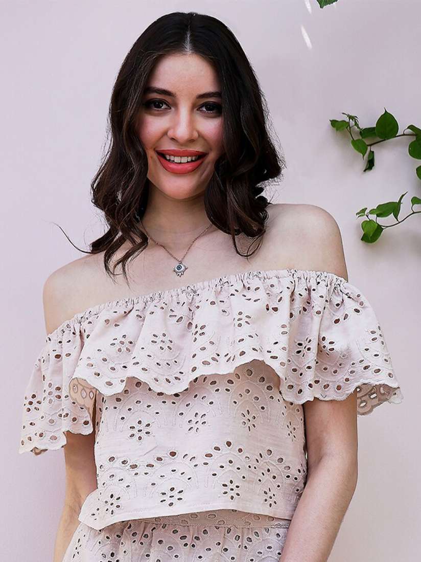 Buy Athena Floral Print Off Shoulder Cotton Schiffli Bardot Top Tops for Women 29383064 Myntra