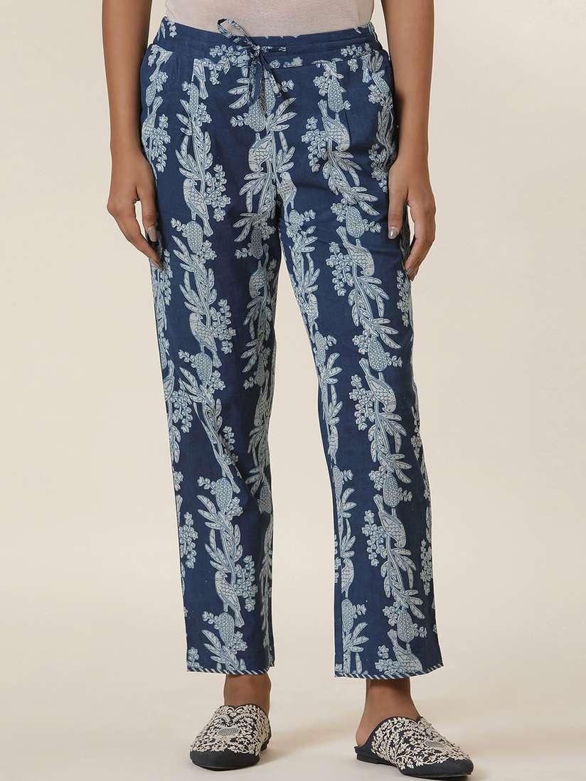 Buy W Blue Women Ethnic Motifs Printed Mid-Rise Cotton Trousers 