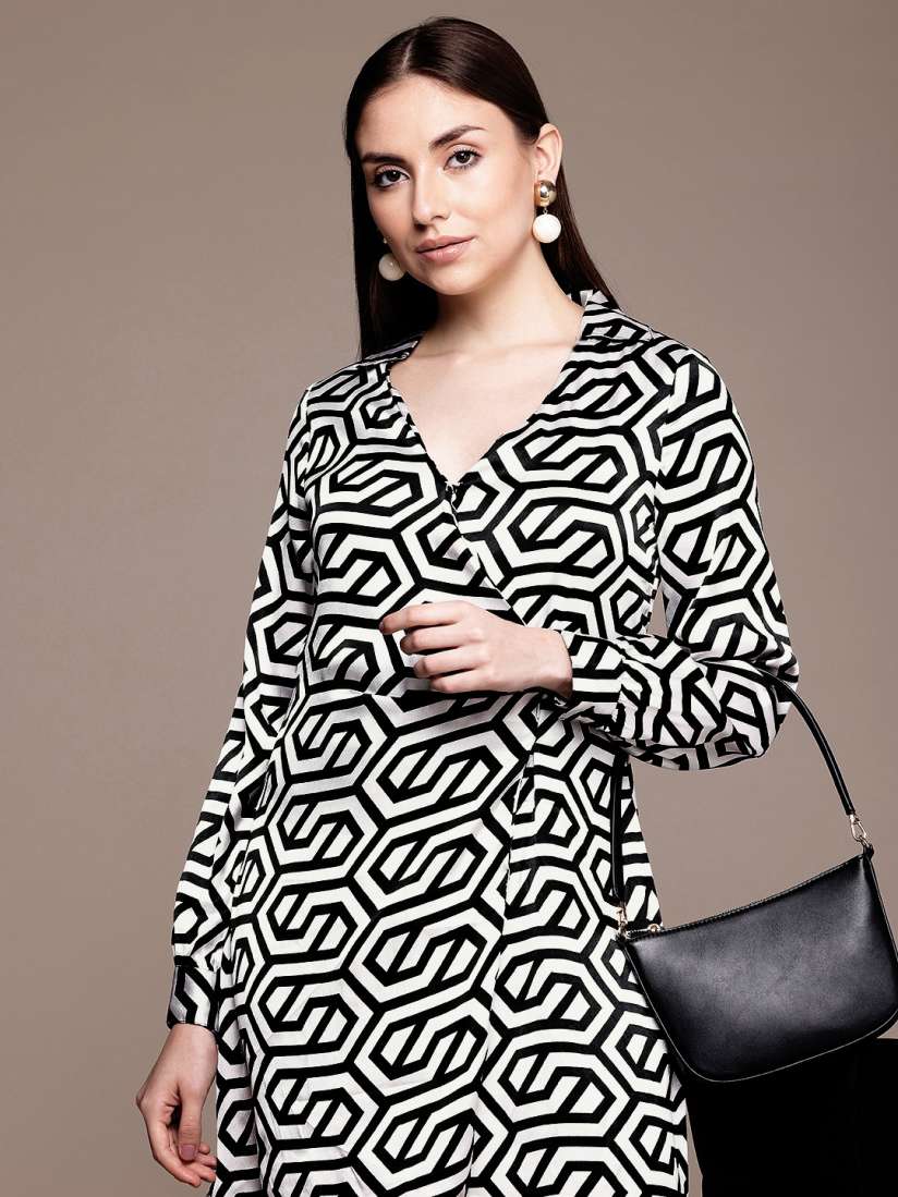 Buy French Connection Printed Shirt Collar Cuffed Sleeves Pleated Satin A Line Mini Dress Dresses for Women 29411130 Myntra