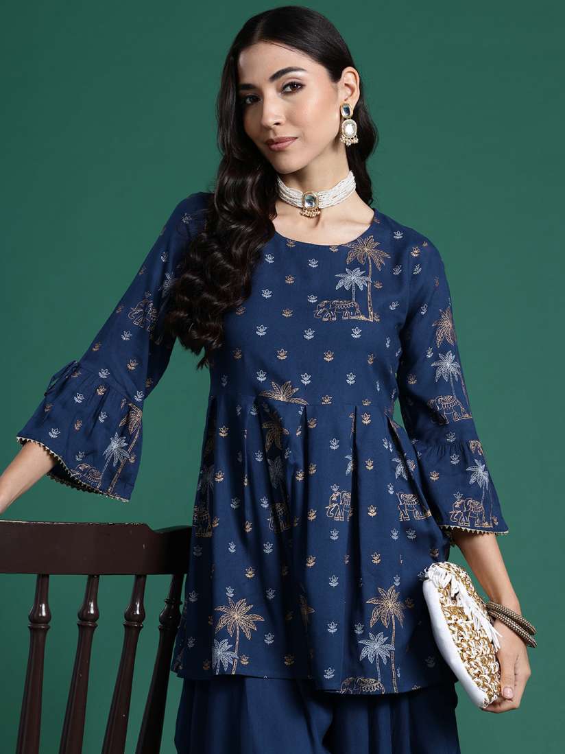 Buy Sangria Indie Print Gota Detail Gathered Kurti with Dhoti Pants Kurta Sets for Women 29411906 Myntra