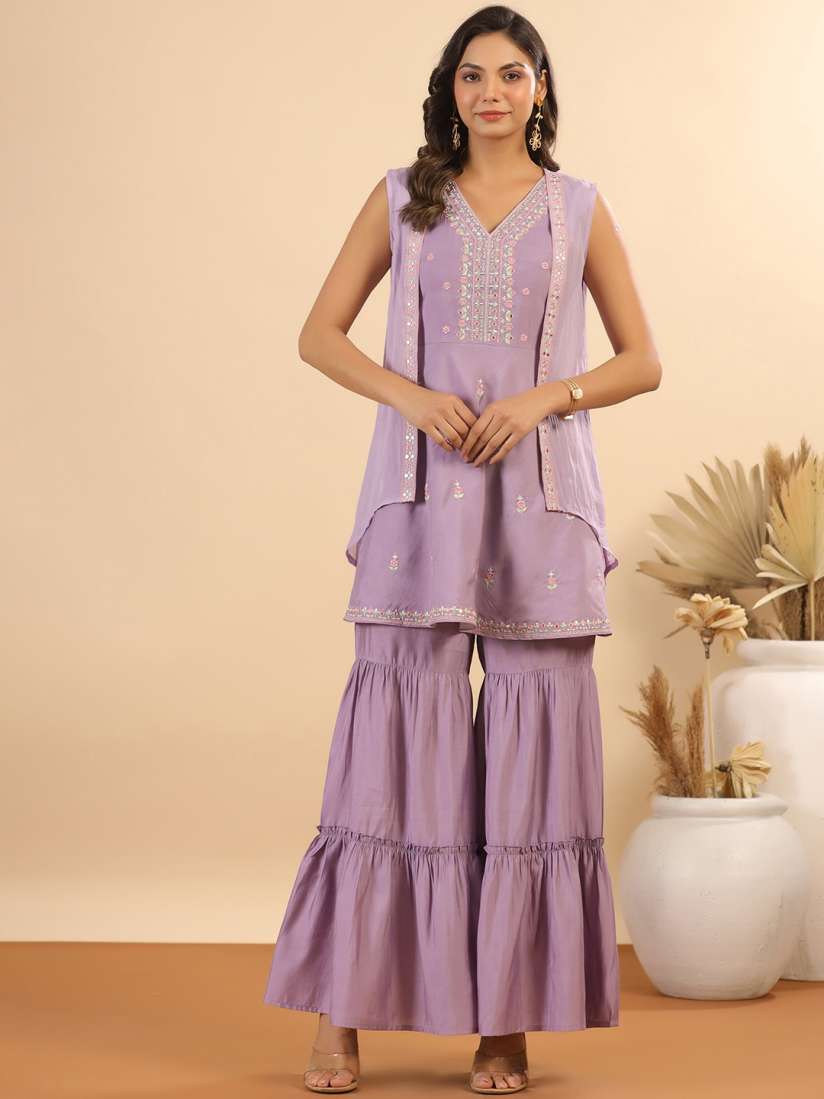 Buy mirari Floral Embroidered A Line Kurti with Sharara Jacket Kurta Sets for Women 29424926 Myntra