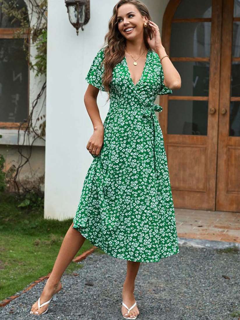 Green flower wrap dress shop