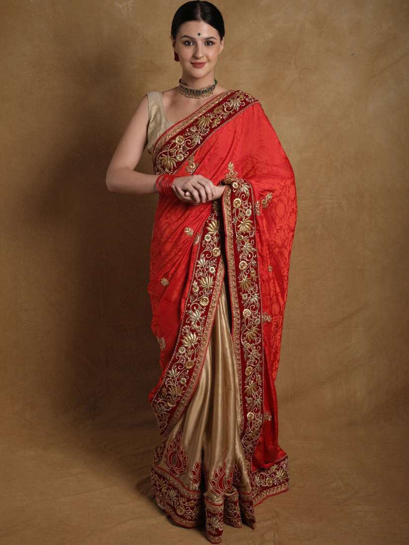Buy Exotic India Patla Pallu Bridal Saree with Zardozi Embroidered Patch Border and Crystals Sarees for Women 29440562 Myntra