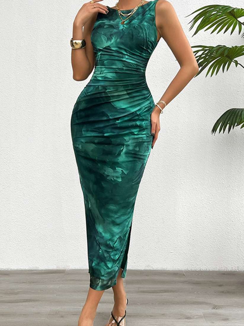 Round neck abstract print bodycon dress hotsell