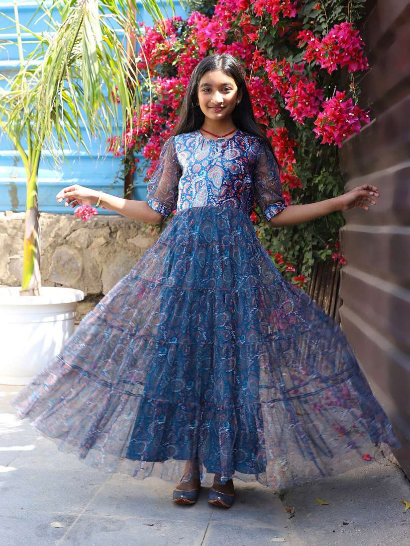Buy Aks Girls Floral Print Puff Sleeves Tiered Velvet Fit Flare Dress Dresses for Girls 29446918 Myntra
