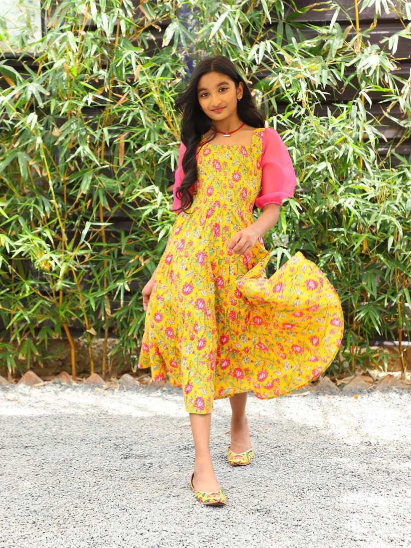 Buy Aks Girls Floral Print Puff Sleeves Smocked Tiered Cotton Fit Flare Midi Dress Dresses for Girls 29446922 Myntra