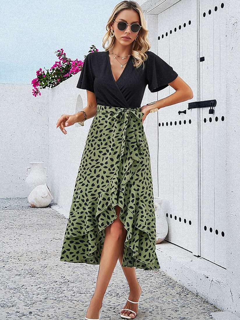 Print Pleated Skirt Outfit Animal Print Skirt Green Leopard Print