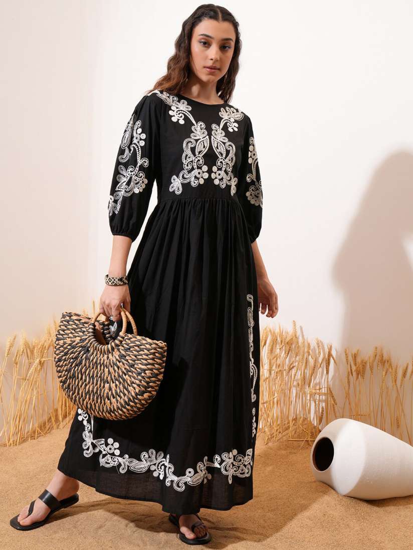 Buy Vishudh Black Floral Embroidered Gathered Cotton Maxi A Line Dress Dresses for Women 29461594 Myntra