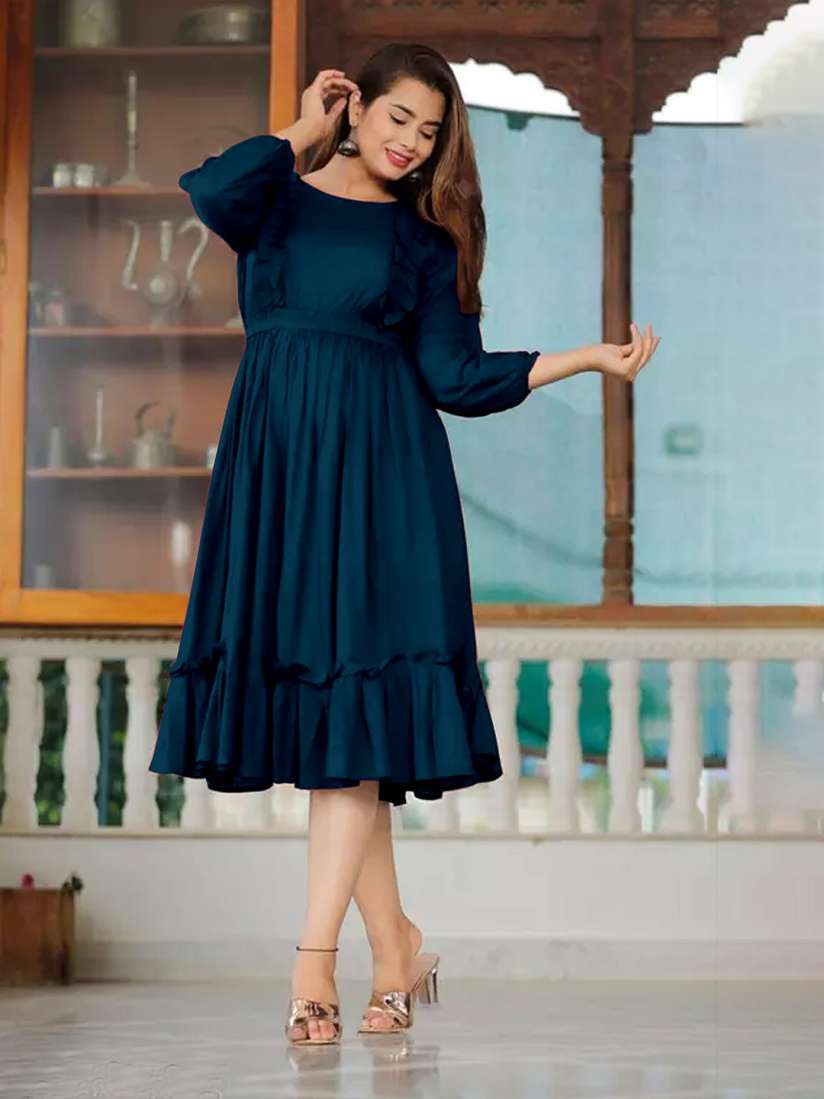 Buy Femvy Puff Sleeves Fit Flare Midi Dress Dresses for Women 29481302 Myntra