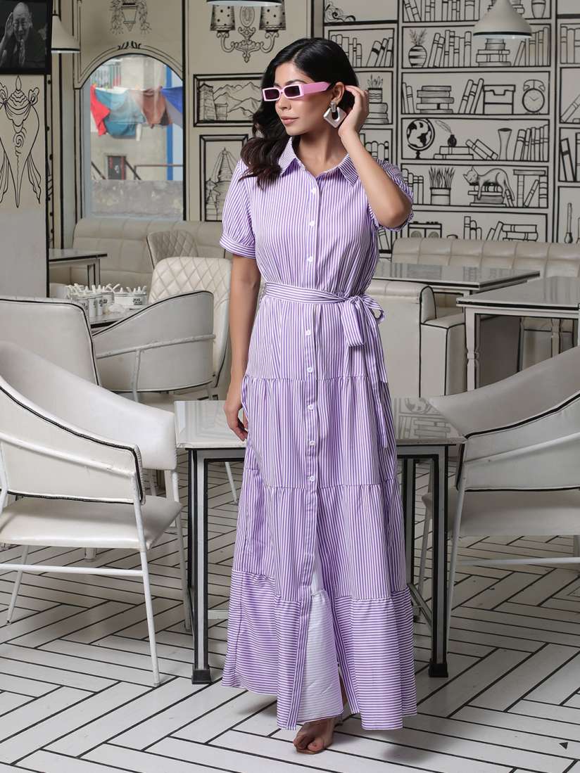 Button down collar stripes half sleeve maxi dresses best sale