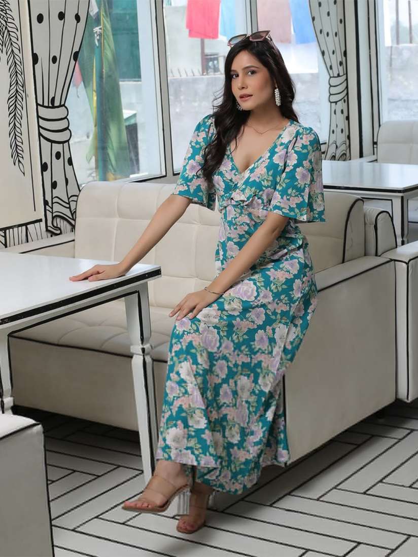 Buy AKS Couture Floral Printed V Neck Flared Sleeve Crepe Maxi Midi Dress Dresses for Women 29498762 Myntra