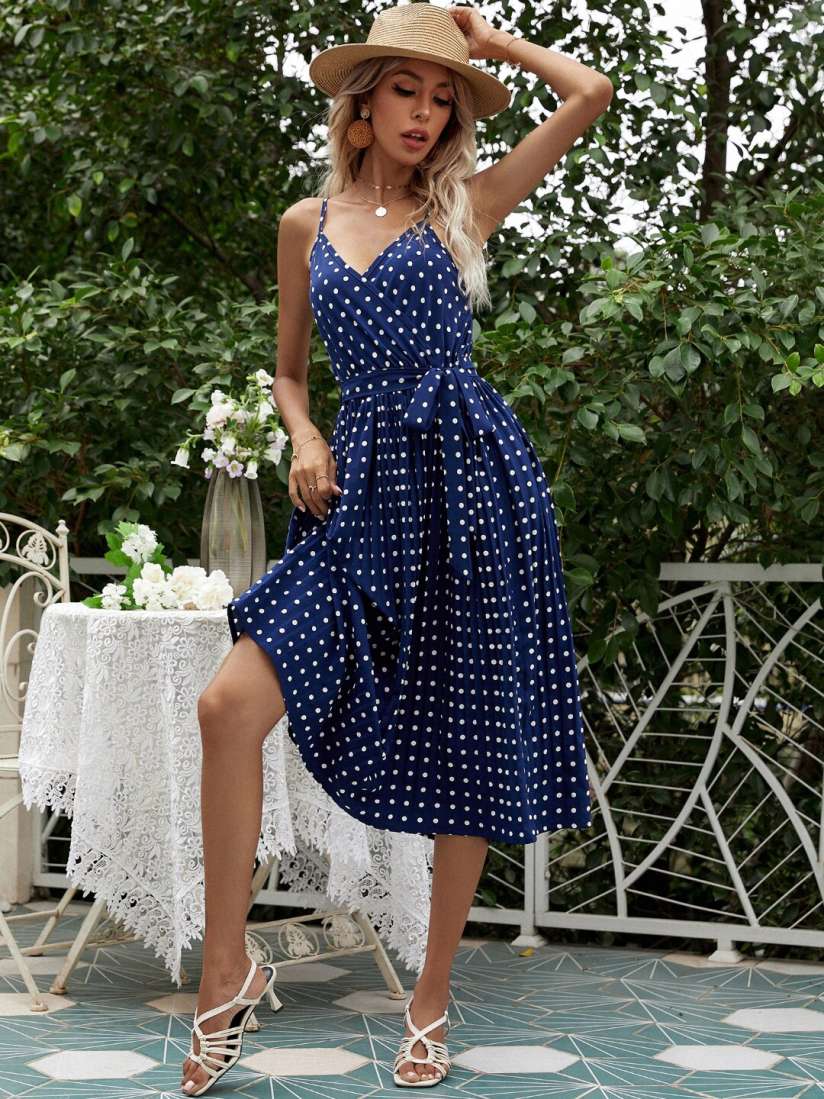 Blue polka dot midi dress hot sale