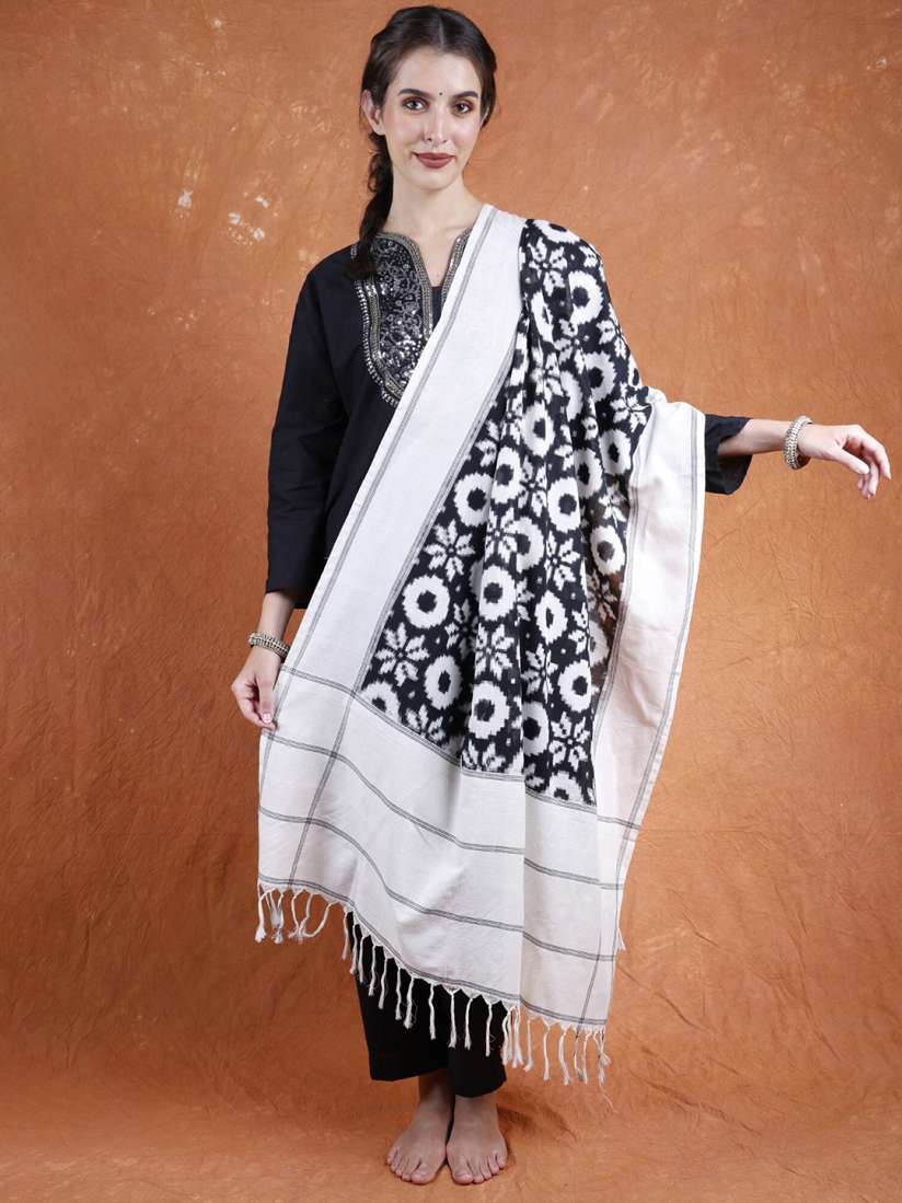 Buy Exotic India White Black Pure Cotton Double Ikat Pochampally Dupatta Dupatta for Women 29509988 Myntra