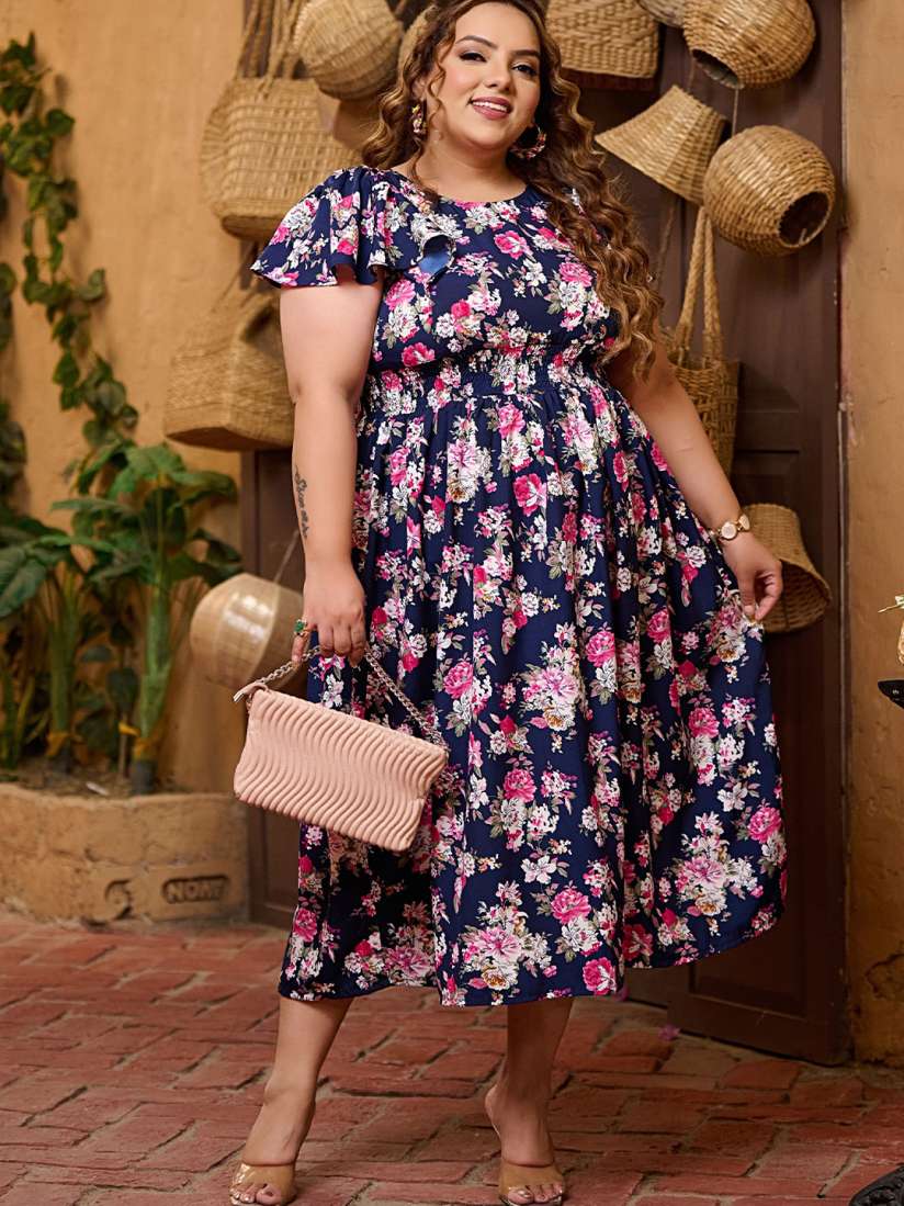 Buy PrettyPlus by Desinoor Plus Size Floral Print Flutter Sleeve Crepe Empire Midi Dress Dresses for Women 29515656 Myntra