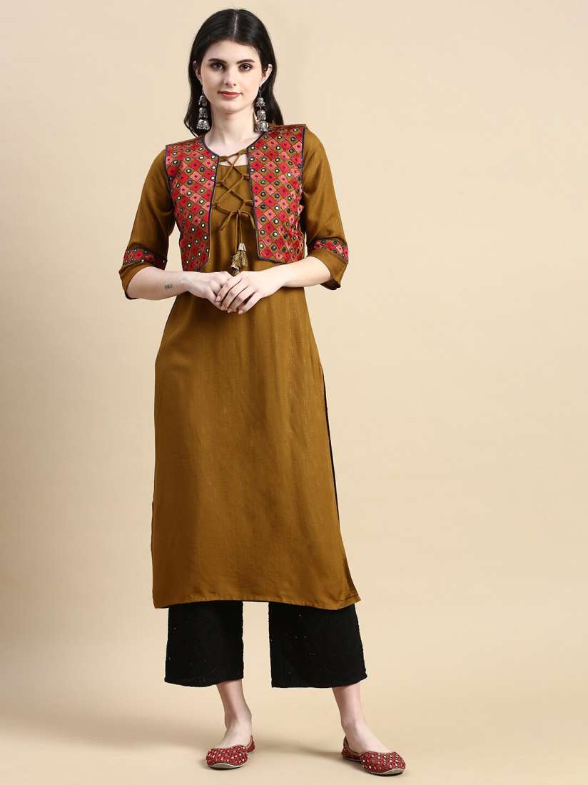 Straight kurta with mirror work jacket sales