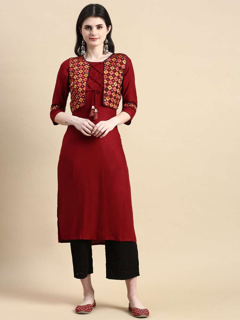 Buy GRANTH FASHION Round Neck Straight Kurta With Mirror Work Jacket Kurtas for Women 29521108 Myntra