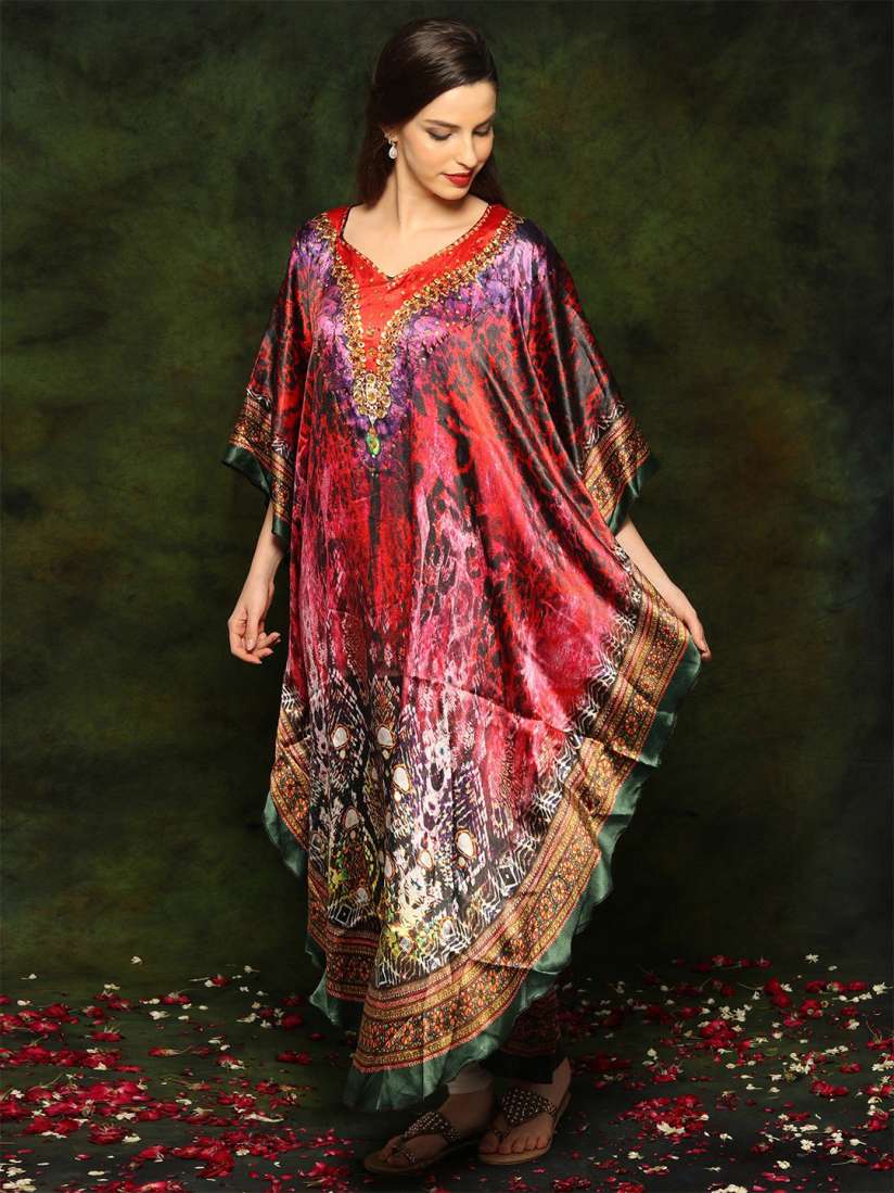 Buy Exotic India Ethnic Motifs Printed Satin Kaftan Maxi Dress Dresses for Women 29578254 Myntra