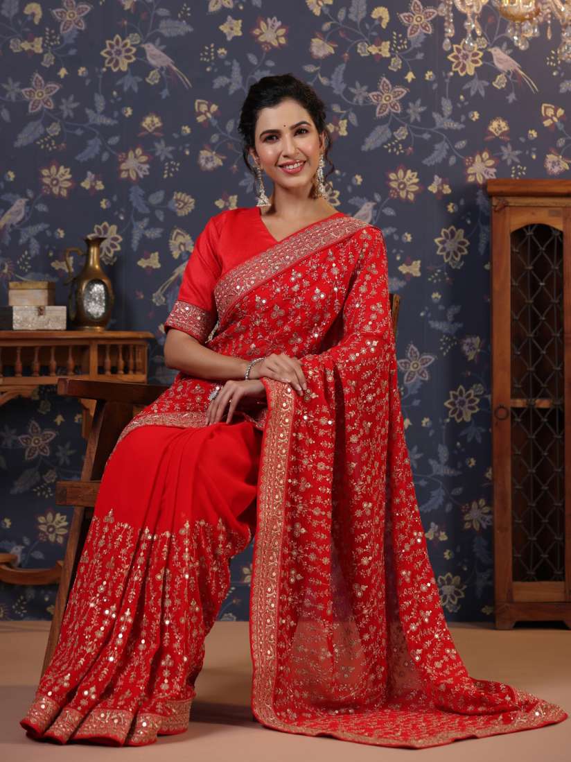 Buy House of Pataudi Embroidered Pure Georgette Heavy Work Saree Sarees for Women 29582734 Myntra