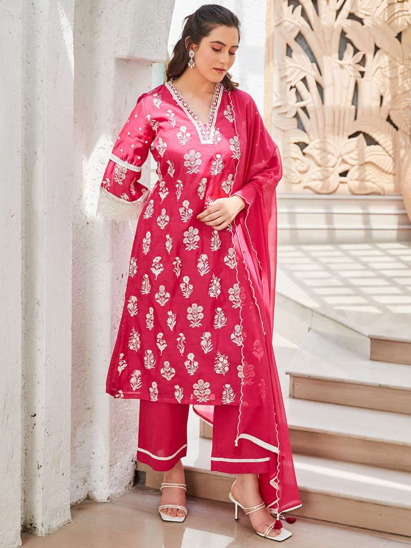 Buy Biba Floral Embroidered Kurta With Palazzo Dupatta Kurta Sets for Women 29586454 Myntra