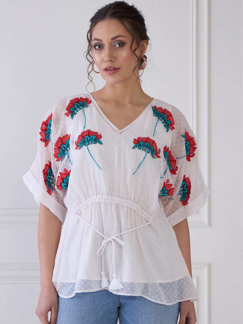 Buy Antheaa Floral Embroidered Extended Sleeves Chiffon Kaftan Top Tops for Women 29589558 Myntra