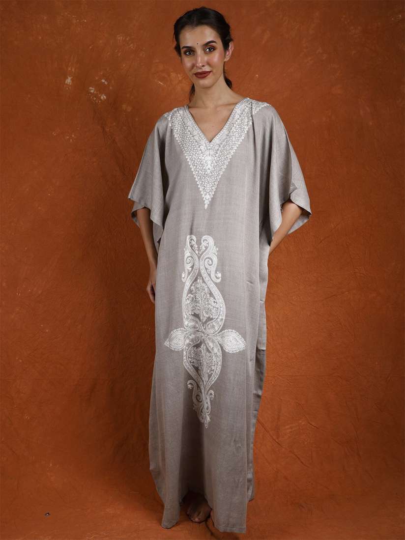 Buy Exotic India Quiet Gray Pure Wool Long Kashmiri Kaftan with Tilla Embroidered Paisleys Dresses for Women 29591318 Myntra