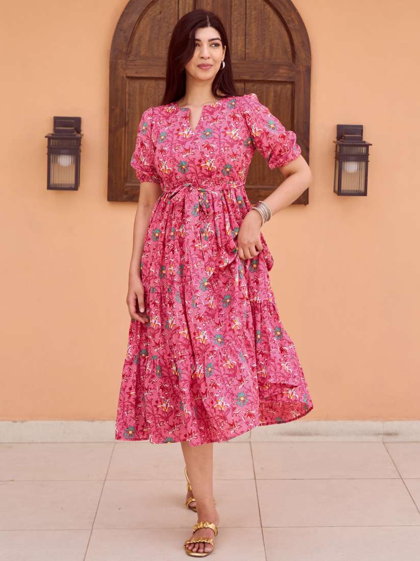 Buy Libas Notched Neck Puff Sleeves Floral Print Ruffled A Line Maxi Dress Dresses for Women 29592058 Myntra