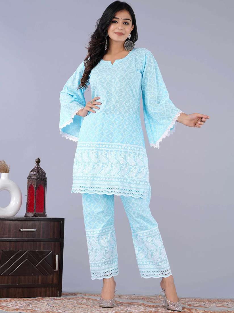 Buy QUEENLEY Ethnic Motifs Embroidered Bell Sleeves Chikankari Pure Cotton Kurti with Palazzos Kurta Sets for Women 29600352 Myntra
