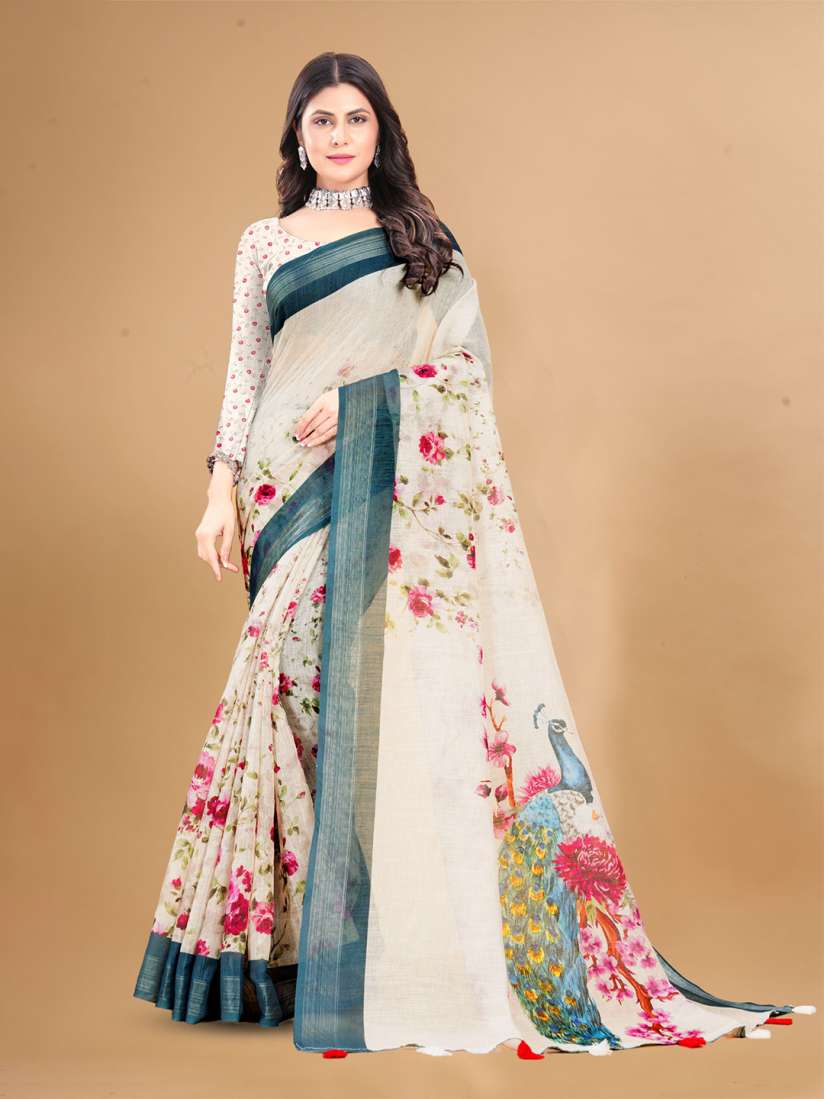 Buy V3 FASHION STUDIO Floral Zari Pure Linen Saree Sarees for Women 29621246 Myntra