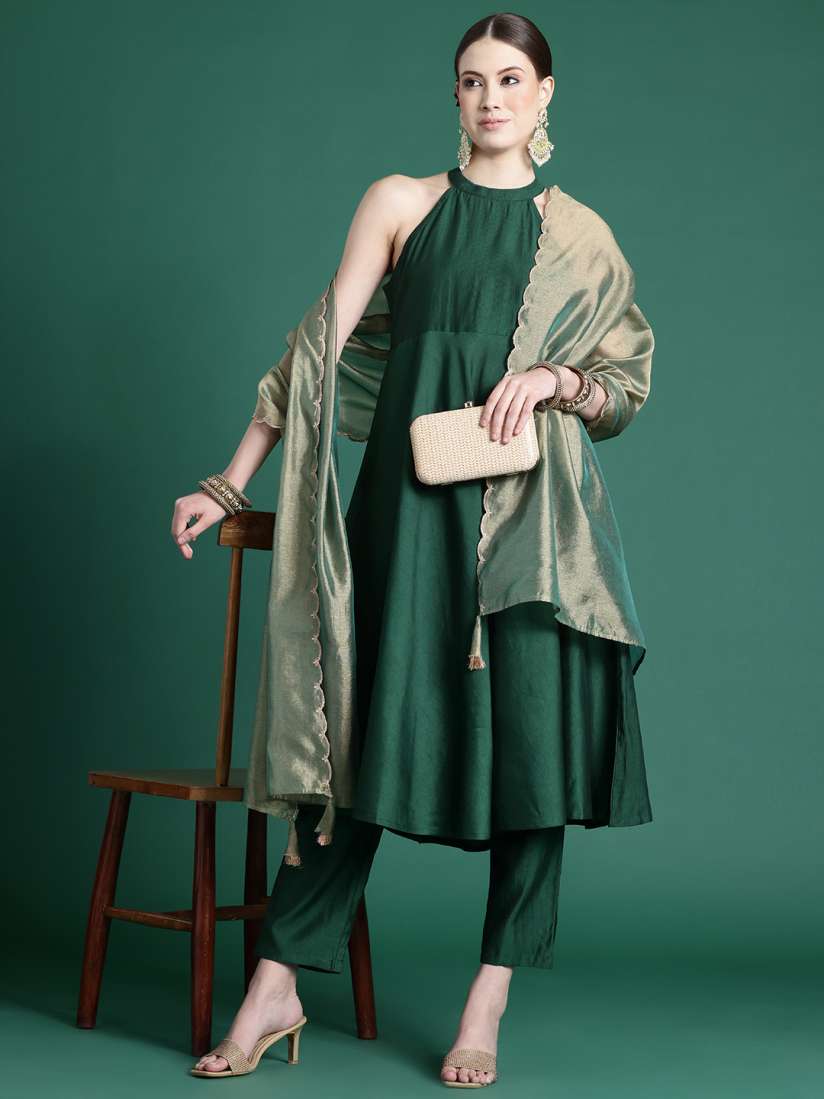 Buy Indo Era Pleated Halter Neck Liva Fusion Kurta With Trousers Dupatta Kurta Sets for Women 29629210 Myntra