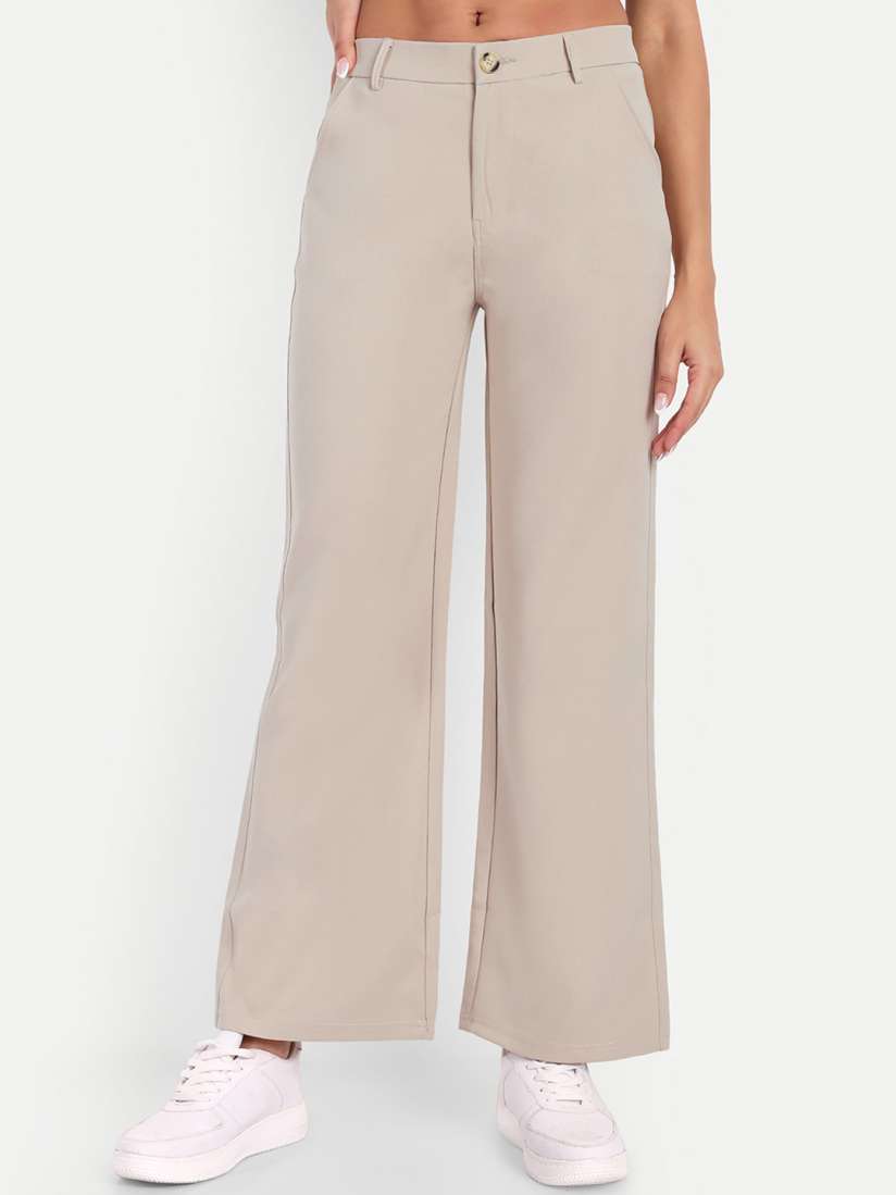 Buy Next One Women Smart Loose Fit High Rise Easy Wash Wide Leg Trousers Trousers for Women 29634504 Myntra
