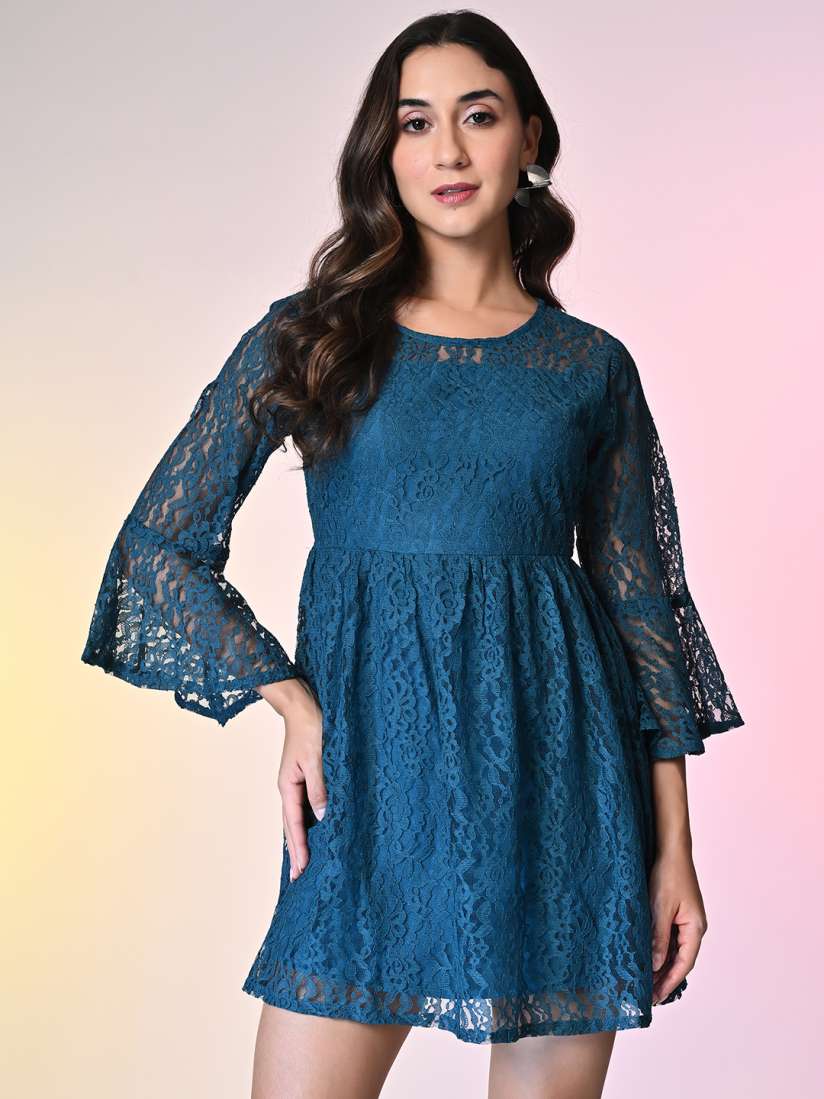 Lace fluted sleeve flare dress sales