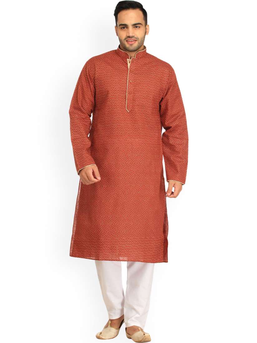Buy Exotic India Baked Clay Pure Cotton Kurta Pajama Set with Printed Small Bootis and Piping Kurta Sets for Men 29640622 Myntra