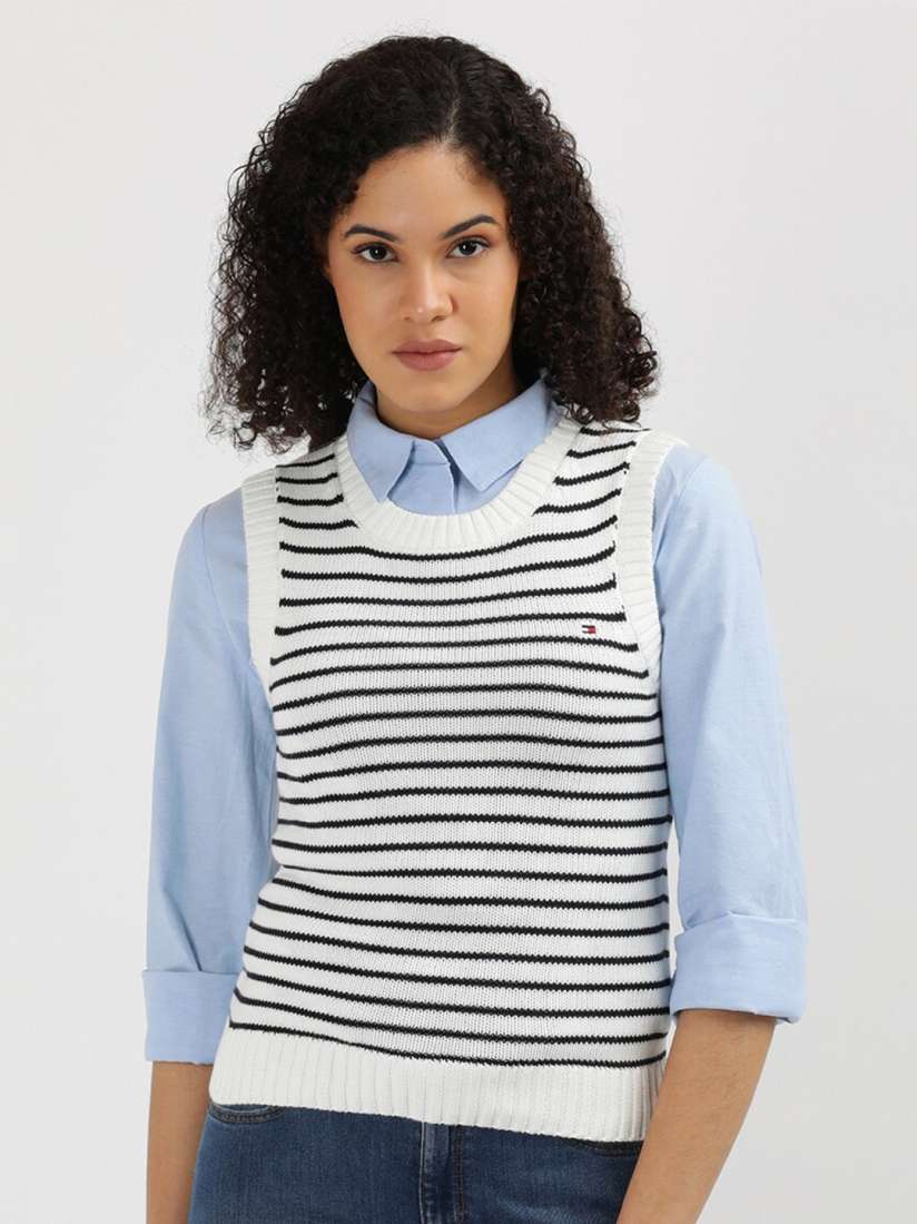 Buy Tommy Hilfiger Striped Sleeveless Pure Cotton Sweater Vest Sweaters for Women 29653086 Myntra