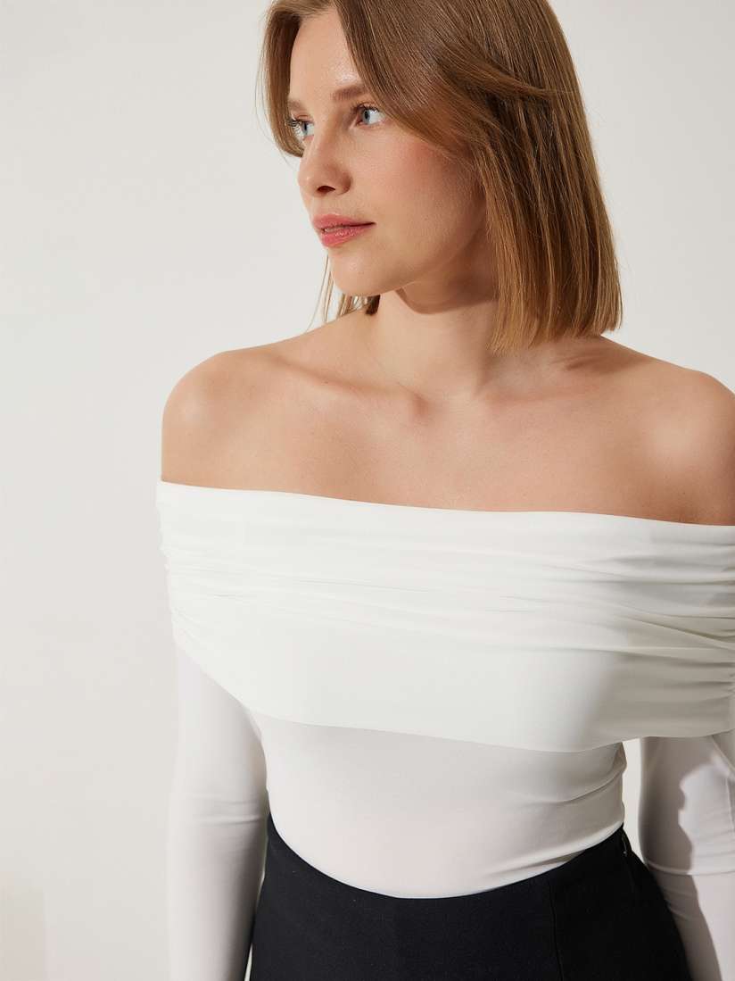 White puff sleeve bardot top on sale