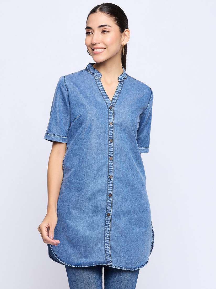 Ajio Chinese Collar Shirt For Women Blue Tie And Dye Double