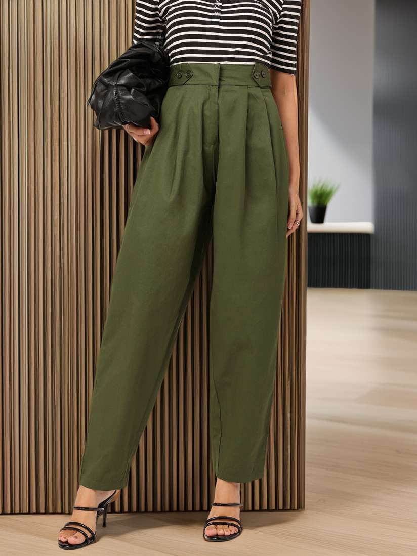 DressBerry Women High-Rise Pleated Pure Cotton Trousers (30) by Myntra