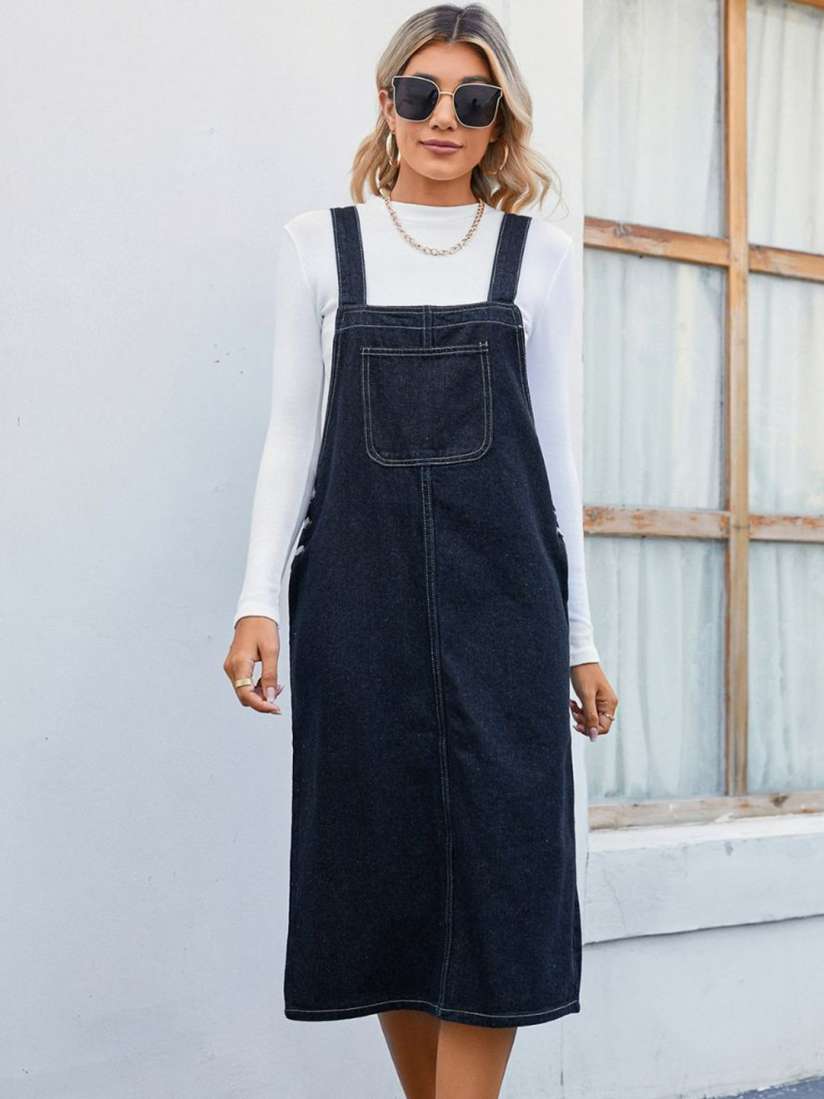 Buy 4WRD by Dressberry Blue Shoulder Straps Knee Length Pinafore Dresses Dresses for Women 29761456 Myntra