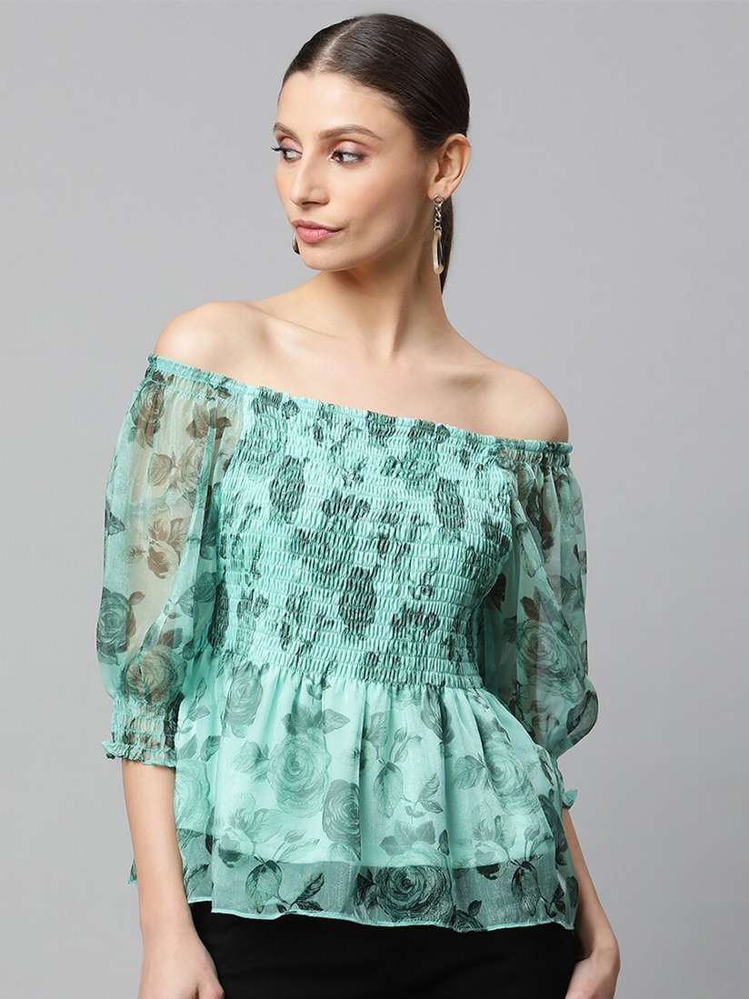 Global Republic Floral Printed Off-Shoulder Puff Sleeve Smocked Peplum Top