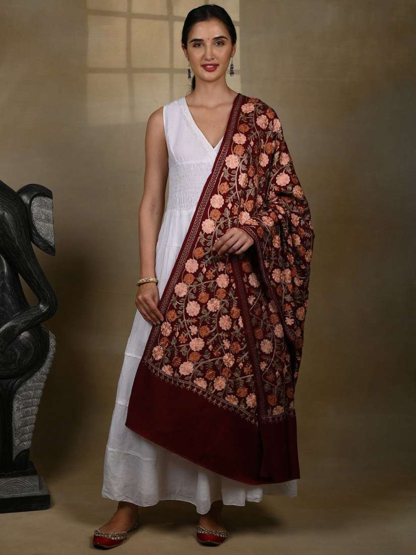 Buy Exotic India Pure Wool Rich Maroon Floral All over Aari Threadwork Kashmiri Shawl Shawl for Women 29785530 Myntra