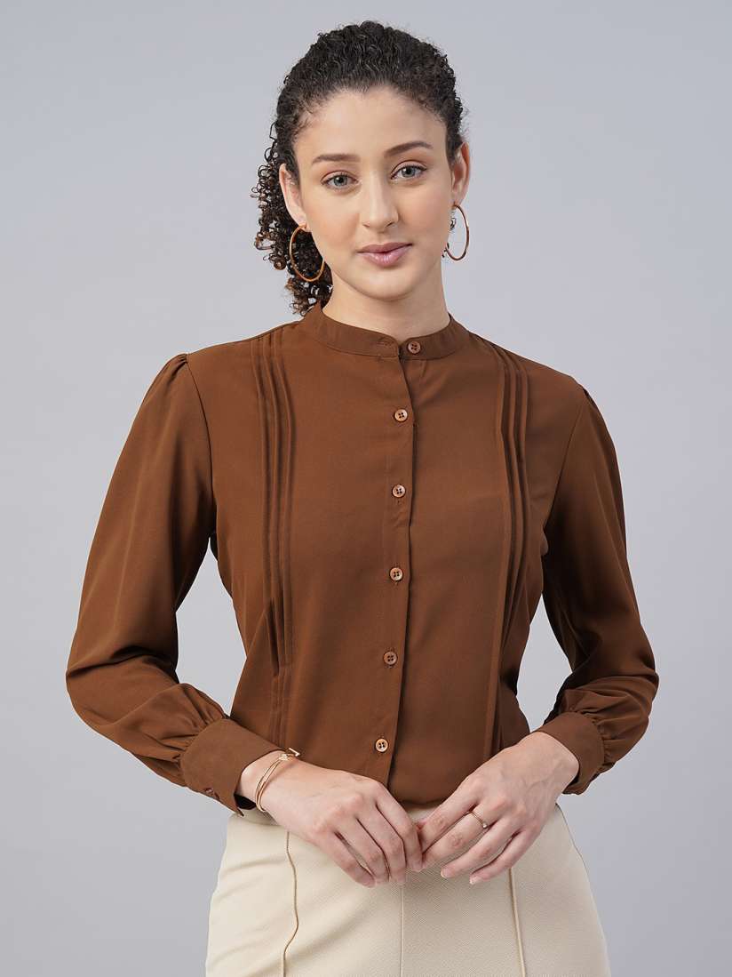 Buy FITHUB Pleated Mandarin Collar Cotton Formal Shirt Shirts for Women 29793366 Myntra