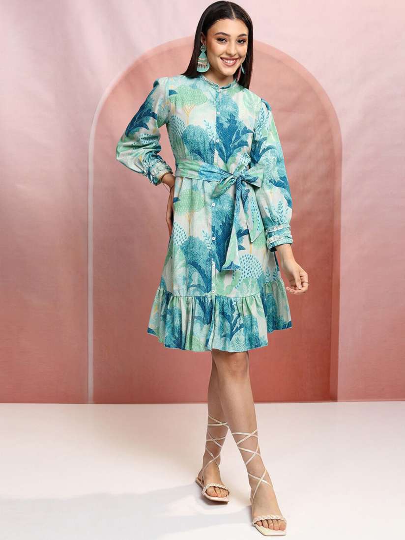 Buy Vishudh Blue Floral Printed Round Neck Puff Sleeves A Line Dress Dresses for Women 29798846 Myntra