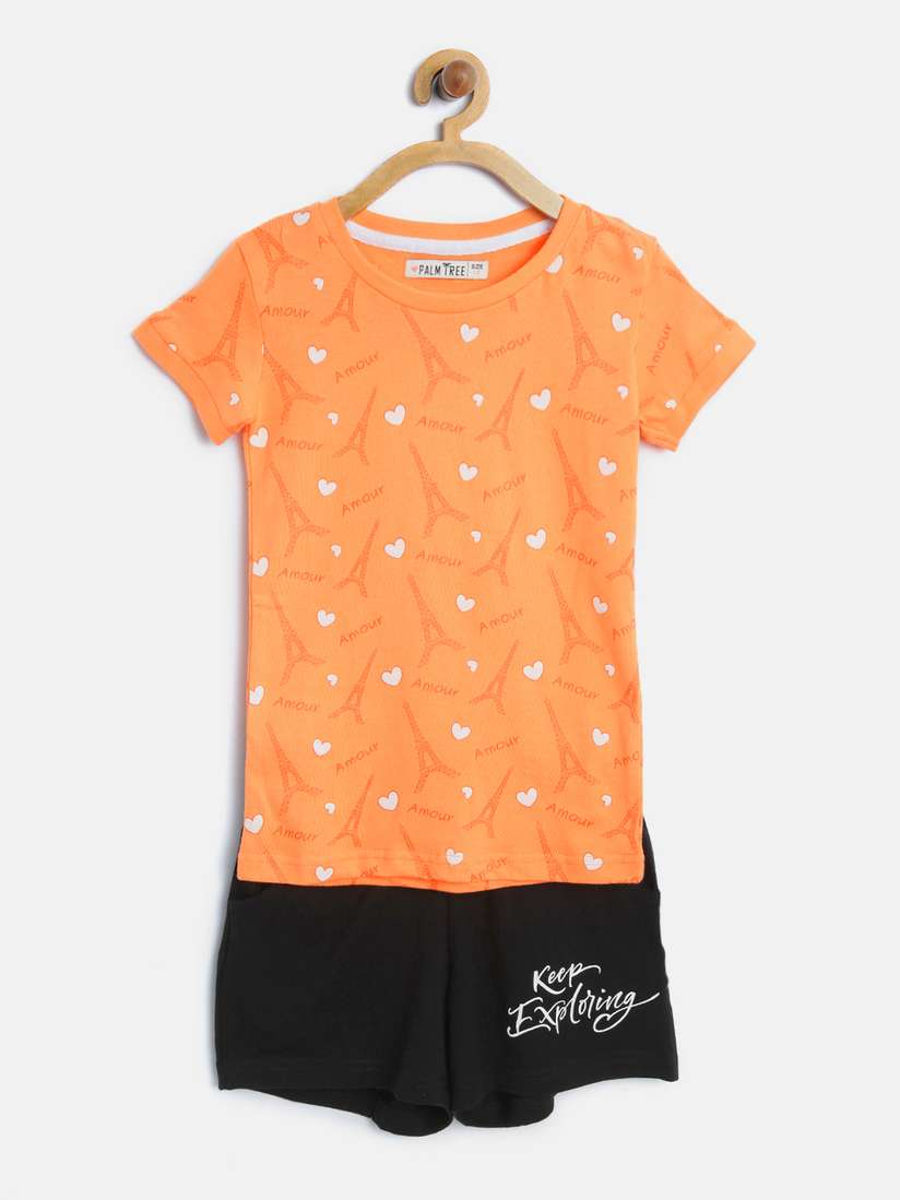 Buy Palm Tree Girls Orange Black Printed T-shirt with Shorts