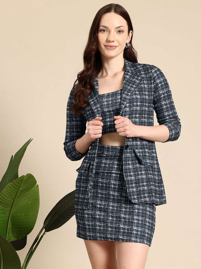 Checked skirt and blazer set hotsell