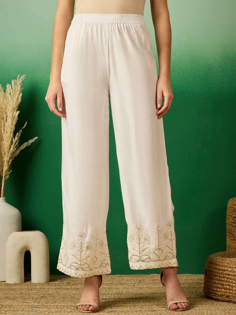 Buy Sangria Women Off White Ethnic Motifs Embroidered Wide Leg Palazzo Palazzos for Women 29809410 Myntra